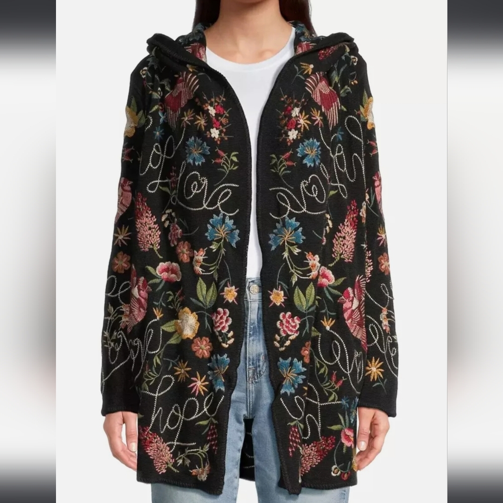 Johnny Was Hooded Love Hope Embroidered Cardigan Size L with pockets 😊✨️